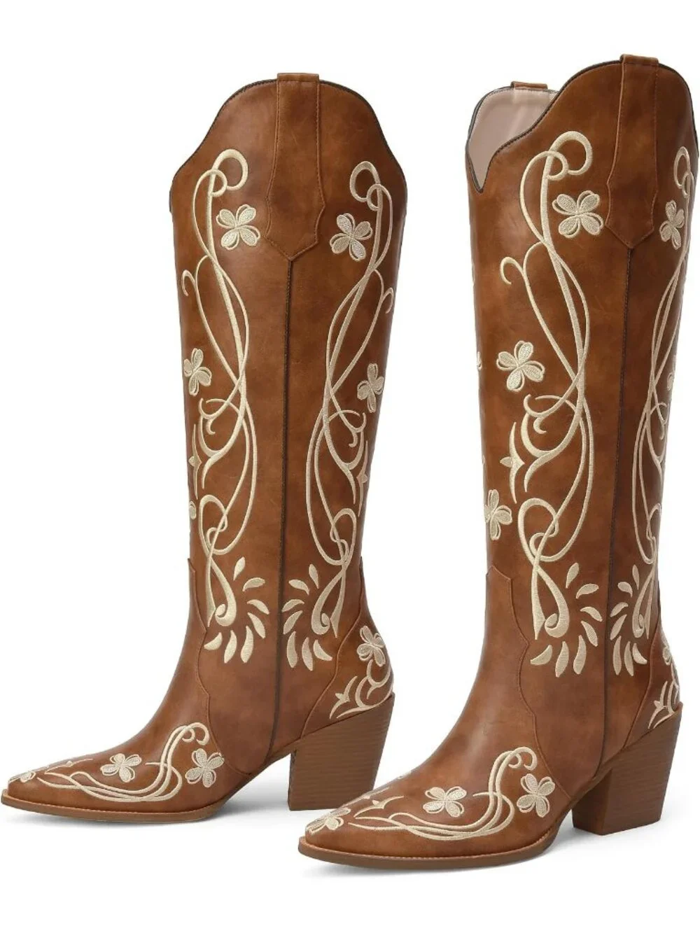 Women's Light Brown pu Knee High Floral Embroidered Vintage Cowgirl Boots